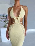 Runhufu Women Halter Tie-up Knit Crochet Beach Dress Sexy Backless Sleeveless Deep V Cutout Waist Wrapped Bodycon Dress Clubwear