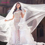 Runhufu High-Neck Appliques Detachable-Train Wedding Dress Long Sleeves Glamorous Wedding Dresses Luxury Mermaid Bridal Gowns