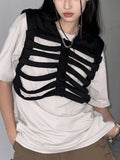 Runhufu Goth Grunge Hollowed Skeleton Gilet Hoodies Women's Autumn Sleeveless Hooded Crop Tops Outerwear Punk Style Waistcoats