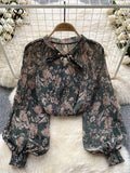 Runhufu Korean Print Chiffon Shirt Bow Neck Long Sleeves Loose Leopard Top Casual Paisley Vintage Floral Blouse Spring 2024