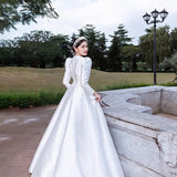 Runhufu O-neck Long Sleeve Wedding Dress Classic Zipper Floor-length Vestido De Noiva Luxury Small Train Satin Robe De Mariee