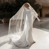 Runhufu Neck Long Fitted Sleeves Sheath Satin Wedding Dress Drop Ship Open Back Covered Buttons Crepe Beach Column Bridal Gowns