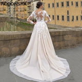 Runhufu O-Neck Long Sleeves Wedding Dress A-Line Tulle Illusion Back Bride Gowns Applique Custom Made Elegant Vestidos De Novia