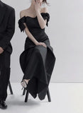 Runhufu Bow Off The Shoulder Wedding Dresses New Satin Black Evening Dress Elegant Floor-length A Line Simple Sukienka Na Wesele