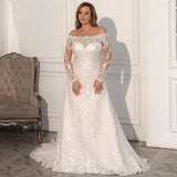 Runhufu A-line Lace Long Sleeve Wedding Dress 2023 Sexy Boat Neck Corset Appliques Court Train Plus Size Bridal Gowns
