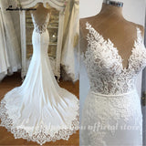 runhufu Satin Mermaid Wedding Dress 2023 Plunging Backless Sexy Bridal Dress Trouwjurken Vintage Lace Receipt Wedding Gown