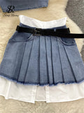 Runhufu Fashion American Retro Y2K Sexy Denim Suits Women Strapless Mini Top+ Pleated Mini Skirt Vintage Beach Two Pieces Set