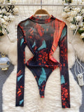 Runhufu Tie Dye Sheer Sensual Bodysuits Women O Neck Long Sleeves Transparent Slim Blouse Fashion Y2K Mesh Print Playsuits