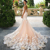 Runhufu Luxury Elegant Mermaid Wedding Dress For Bride Princess Backless Lace Applique Bridal Gown 2023 Illusion Vestido De Novia