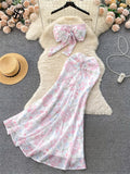 Runhufu Vacation Beach Style Two Pieces Suits Strapless Halter Chain Mini Tank+Bodycon Fishtail Skirt Fashion Floral Sexy Sets