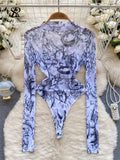 Runhufu Tie Dye Sheer Sensual Bodysuits Women O Neck Long Sleeves Transparent Slim Blouse Fashion Y2K Mesh Print Playsuits