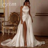 Runhufu Elegant Halter Sleeveless Wedding Dress 2023 High Slit Bow A-Line Bridal Gown Simple Stain Vestido De Novia Custom Made