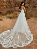 Runhufu In 1 Wedding Jumpsuit With Detachable Skirt Two Pieces Bridal Dresses Pants Suit For Women Lace Tulle V-Neck Sweep Train