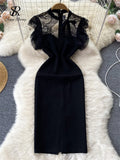 Runhufu Lace Splice Hollow Out Dress French Style Summer Women Zipper O Neck Elegant Ladies Split A Line Solid Dresses