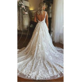 Runhufu Ivory Lace Wedding Dresses A Line V Neck Backless Sweep Train 2024 Summer Bridal Gowns Country Plus Size Marriage