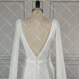 Runhufu Neck Column Crepe Wedding Dress Detachable Chiffon Shoulder Wings Custom Made Belt Simple V Neck Backless Satin Bridal Gowns