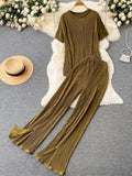 Runhufu Pleated Fashion Solid Set Women Loose O Neck Tops Elastic Waist Split Wide Leg Long Pants Ladies Elegant Two Piece Set
