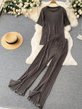Runhufu Pleated Fashion Solid Set Women Loose O Neck Tops Elastic Waist Split Wide Leg Long Pants Ladies Elegant Two Piece Set