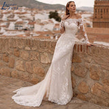 Runhufu NICEB Boat Neck Appliques Wedding Dress For Women Buttons Lace Vestidos De Noiva Mariage Boho Long Sleeves Bridal Gown