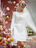 Runhufu 3D Flowers Mini Wedding Dress Custom Made Long Sleeves Buttons Satin Modest Bridal Gown Party Above Knee Robe de mari¨¦e