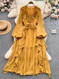 Runhufu Summer Chiffon Loose Sundress Women O Neck Long Puff Sleeves Irregular Ruffles Ruched Zipper Solid Elegant Party Dress