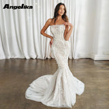 Runhufu Attractive Mermaid Wedding Gowns for Women Strapless Zipper Chapel Train Lace Appliques Vestidos De Novia Brautmode