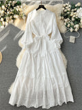 Runhufu French Hotsweet Long Dress Women O Neck Lantern Sleeve Fashion Single Breasted Lace up Design Embroidery Lace Dress
