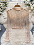 Runhufu Women Beading Sheer Sexy Top O Neck Long Sleeves Transparent Slim Short T Shirt Streetwear Ins Shiny Sequins Blouse