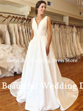 Runhufu Wedding Dress V-Neck Sleeveless A-Line Plain Pure Satin Formal Evening Dress Floor-Length Bridal Gown Vestidos de novia