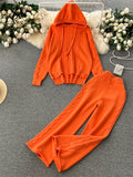 Runhufu Winter Women Warm Knitted Suits Loose Drawstring Hooded Pullover+ Wide Legs Long Pants Fashion Sports Two Piece Sets