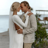 Runhufu Neck Long Fitted Sleeves Sheath Satin Wedding Dress Drop Ship Open Back Covered Buttons Crepe Beach Column Bridal Gowns