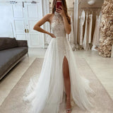 Runhufu Tulle Women's Bridal Dresses High Collar Bohemian Style Wedding Gowns Princess Ball Formal Party Side Split Vestidos Mujer