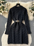 Runhufu Office Lady Knitted Dress Twist Drill Shaped Long Sleeves Belt Solid Women Senior 2024 Winter Thick Sweater Midi Dress
