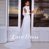 Runhufu Deep V-Neck White Wedding Dress Sheath Half Lantern Sleeve Pleats Spandex Modern Backless Bride Gown Button Sweep Train