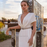 Runhufu Deep V-Neck Mermaid Wedding Dresses Flare Sleeve Lace Appliques Bridal Gowns Customizable Vestido De