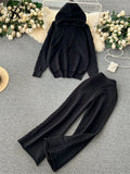 Runhufu Winter Women Warm Knitted Suits Loose Drawstring Hooded Pullover+ Wide Legs Long Pants Fashion Sports Two Piece Sets