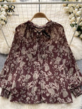 Runhufu Korean Print Chiffon Shirt Bow Neck Long Sleeves Loose Leopard Top Casual Paisley Vintage Floral Blouse Spring 2024