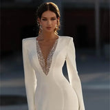 Runhufu Elegant V Neck Beaded Mermaid Wedding Dresses 2024 Long Sleeves Satin Bridal Gown Sweep Train Beach Robe De Mariee