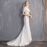 runhufu New Simple Mermaid Wedding Dress Off The Shoulder Floral Print Lace Up Bridal Dress Vestido De Noiva Plus Size Made Custom