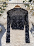 Runhufu Women Beading Sheer Sexy Top O Neck Long Sleeves Transparent Slim Short T Shirt Streetwear Ins Shiny Sequins Blouse