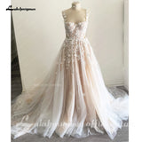 Runhufu Light Champagne Wedding Dresses 3D Flowers Spathetti Straps A Line Wedding Gown Beach Sweetheart Wedding Gowns