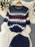 Runhufu New Summer Beach Knitted Two Pieces Suits Loose T Shirt+Long Skirt Sets High Street Elastic Waist Striped Casual Sets
