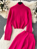 Runhufu Winter Knit Two Pieces Suits Half High Collar Full Sleeve Pullover+Wide Legs Long Pants Women 2024 Senior Striped Sets