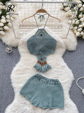 Runhufu Bohemian Knit Two Pieces Suits Women Lace Up Halter Tassel Backless Tops+Hook Flower Hollow Out Shorts Sexy Beach Sets