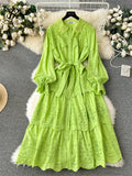 Runhufu French Hotsweet Long Dress Women O Neck Lantern Sleeve Fashion Single Breasted Lace up Design Embroidery Lace Dress