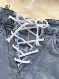 Runhufu High Quality Denim Sets Fashion Sleeveless Backless Halter Short Tank+Cross Lace up Sensual Shorts Women Sexy Suits