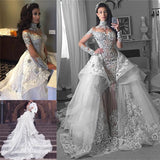 Runhufu High-Neck Appliques Detachable-Train Wedding Dress Long Sleeves Glamorous Wedding Dresses Luxury Mermaid Bridal Gowns