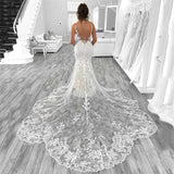 Runhufu Luxury Mermaid Wedding Dresses Women Open Back V-Neck Lace Spaghetti Strap Bridal Gown Sweep Train Vestidos De Novia