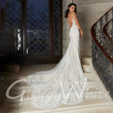 Runhufu V Neck Wedding Dresses For Women Mermaid Lace Applique Bride Dress Spaghetti Straps Boho Bridal Party Gowns vestidos