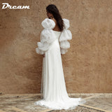 Runhufu Pearls Long Puff Sleeves Short Wedding Dress Tulle Square Neck Above Knee A Line Bridal Gowns Princess